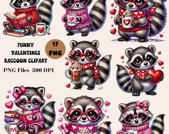 17 Funny Valentines Raccoon Clipart, Love Raccoon Clipart, Trendy Valentine Designs, Cute Raccoon Clipart Bundle