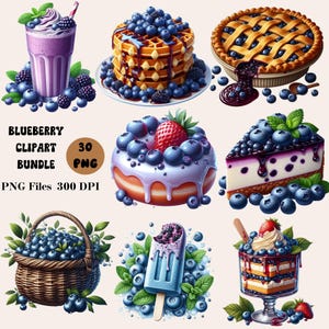 30 Blueberry Clipart Bundle, Blueberry Dessert Clipart, Summer Food Clipart, Summer Fruits Clipart
