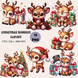 Pu&ograve; includere: Un set di 18 immagini clipart digitali che presentano simpatici renne dei cartoni animati in varie pose a tema natalizio. Le renne indossano cappelli di Babbo Natale, sciarpe e tengono in mano dei regali. Alcune sono in piedi accanto agli alberi di Natale e agli omini di neve. Le immagini sono perfette per creare biglietti di auguri natalizi, inviti e altri lavoretti festivi.