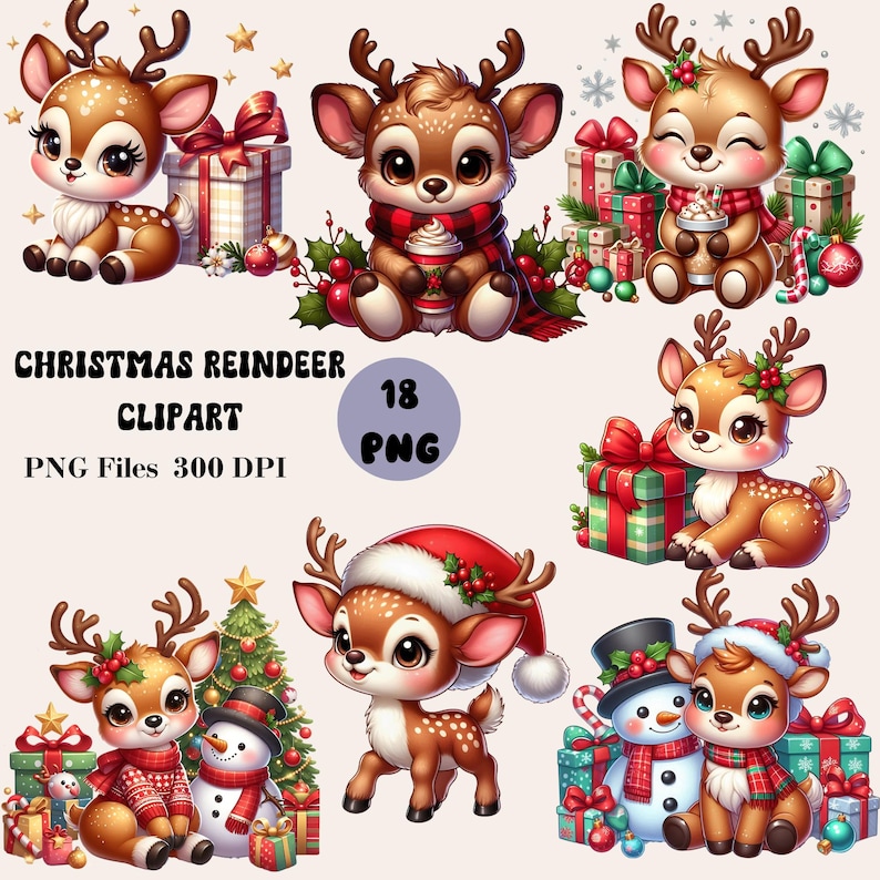 Pu&ograve; includere: Un set di 18 immagini clipart digitali che presentano simpatici renne dei cartoni animati in varie pose a tema natalizio. Le renne indossano cappelli di Babbo Natale, sciarpe e tengono in mano dei regali. Alcune sono in piedi accanto agli alberi di Natale e agli omini di neve. Le immagini sono perfette per creare biglietti di auguri natalizi, inviti e altri lavoretti festivi.