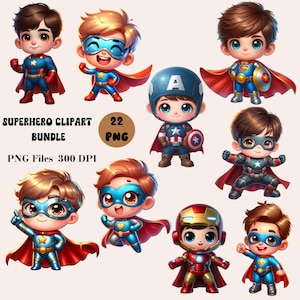22 Superhero Clipart Bundle, Superhero Boys PNG, Cute Superhero Clipart, Superhero Avengers Clipart