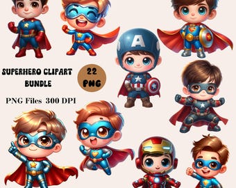 22 Superhero Clipart Bundle, Superhero Boys PNG, Cute Superhero Clipart, Superhero Avengers Clipart