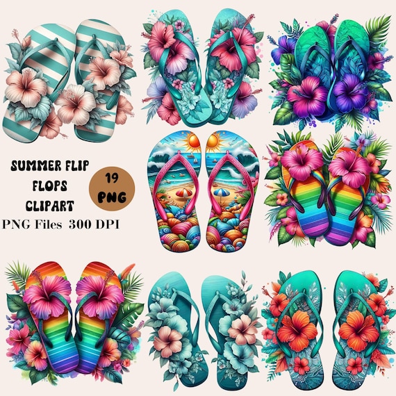 16 Summer Flip Flops Clipart, Flip Flops PNG Bundle, Floral Flip Flops Clipart, Summer Sublimation