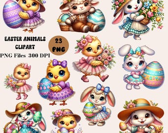 23 Easter Animals Clipart, Easter Bunny PNG, Easter Chicks Clipart, Spring Animals Clipart, Festive Easter Graphics