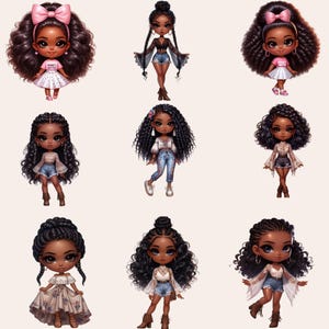 Chibi Girl Clipart Bundle, Afro Girl Clipart, Black Girl Clipart, Chibi Girl PNG, Chibi Doll PNG