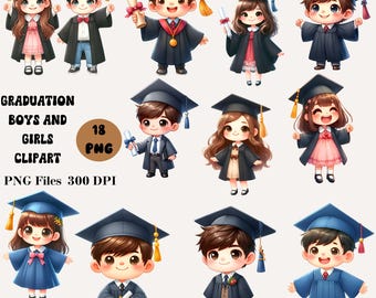 18 Graduation Boys and Girls Clipart, Preschool Graduation Clipart, Graduation Kids Clipart,  Graduation Graphics,  Graduation PNG Bundle