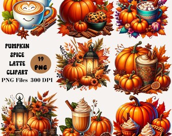 19 Pumpkin Spice Latte Clipart, Pumpkin Clipart Bundle, Autumn Pumpkin Clipart, Cozy Fall Clipart, Autumn Fall Graphics