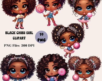 19 Black Chibi Girl Clipart, Cute Chibi Girl PNG, Afro American Chibi Clipart, Chibi Doll PNG, Chibi Style Clipart