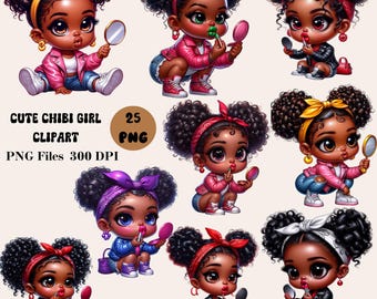 25 Cute Chibi Girl Clipart, Black Chibi Girl Clipart, Afro American Chibi Girl, Chibi Girl PNG Bundle, Chibi Toddler Clipart