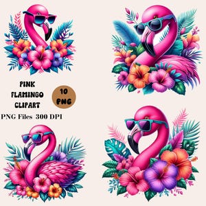 10 Pink Flamingo Clipart, Floral Flamingo Clipart, Summer Flamingo Clipart, Flamingo PNG Bundle, Summer Sublimation