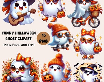 15 Funny Halloween Ghost Clipart, Cute Ghost Clipart, Trendy Halloween Sublimation, Cute Ghost PNG, Halloween Ghost PNG