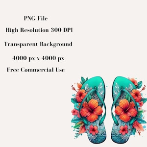 May include: Two turquoise flip flops with a floral design. The flip flops are surrounded by tropical flowers, including red hibiscus flowers.