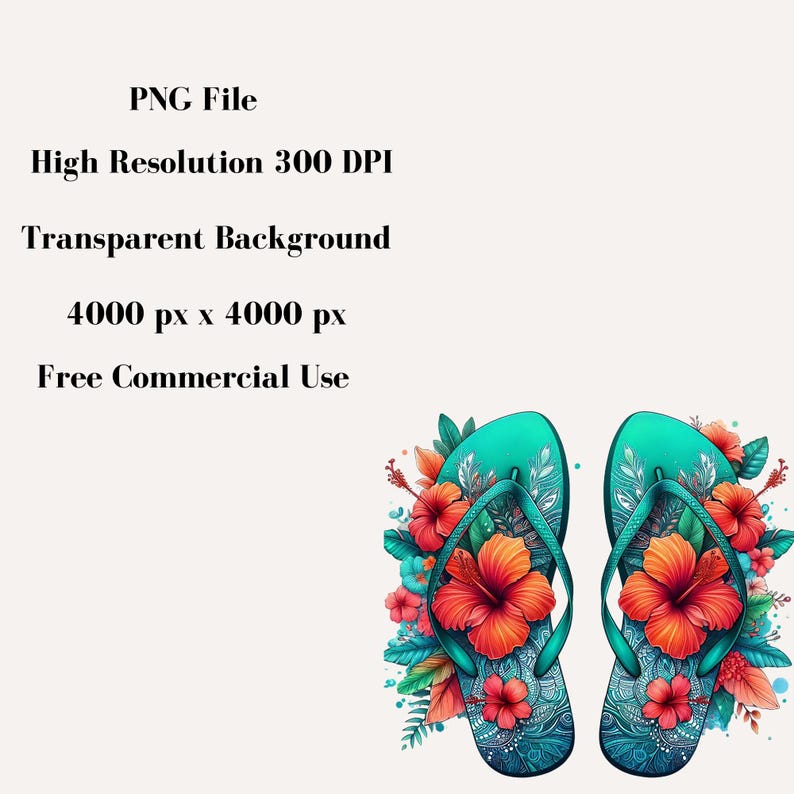 May include: Two turquoise flip flops with a floral design. The flip flops are surrounded by tropical flowers, including red hibiscus flowers.
