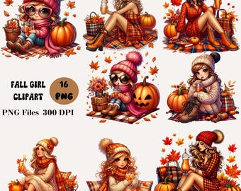 May include: A digital illustration featuring multiple images of girls in fall attire, surrounded by pumpkins and autumn leaves. The text "FALL GIRL CLIPART" and "PNG Files 300 DPI" is also present.