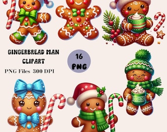 16 Gingerbread Man PNG-bundel, schattige Gingerbread Man-clipart, Gingerbread Man voor kaarten maken, kerstkoekjes, png