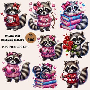 16 Valentines Raccoon Clipart, Funny Raccoon Clipart, Love Raccoon PNG Bundle, Trendy Valentine Designs