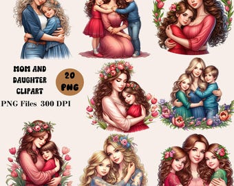 Puede incluir: Un conjunto de 20 ilustraciones digitales que muestran a madres e hijas abrazándose. Las ilustraciones son de estilo de dibujos animados con colores brillantes y detalles florales. El texto "MOM AND DAUGHTER CLIPART" y "PNG Files 300 DPI" está incluido en la imagen.