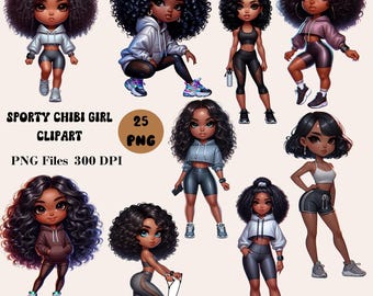 25 Sporty Chibi Girl Clipart, Black Chibi Girl Clipart, Afro American Chibi Girl Clipart, Chibi Doll Clipart