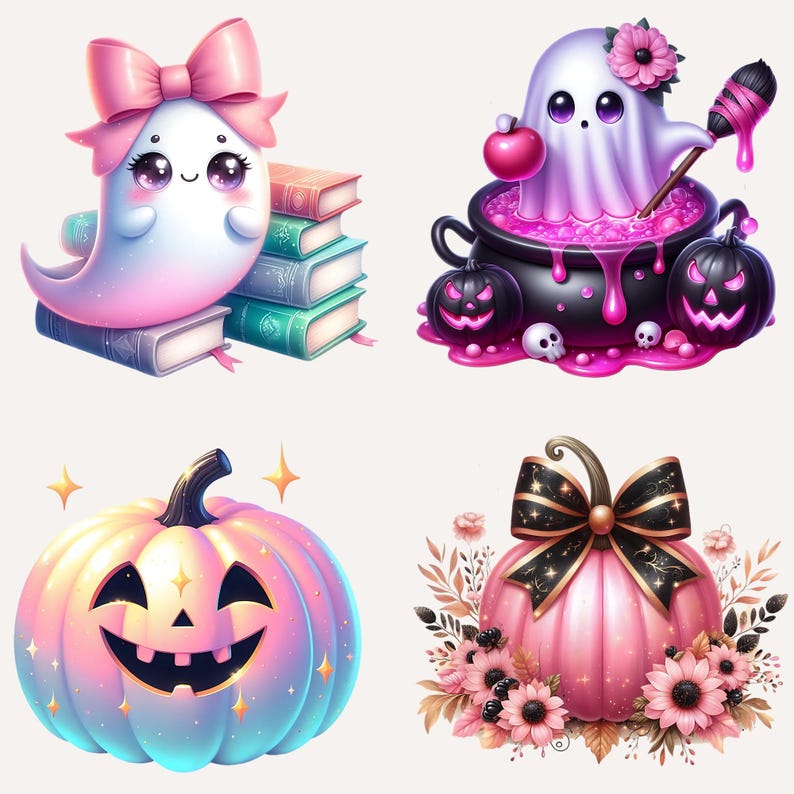 25 Pink Halloween Ghost Clipart, Spooky Kawaii Ghost Clipart, Pink Halloween Clipart Bundle, Spooky Halloween Clipart