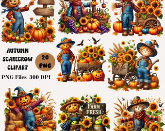 20 Autumn Scarecrow Clipart, Fall Scarecrow PNG Bundle, Charming Scarecrow Graphics, Autumn Clipart
