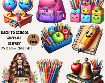 14 Powrót do szkolnych materiałów clipart, zestaw szkolnych materiałów PNG, szkolne artykuły papiernicze clipart, powrót do szkoły PNG