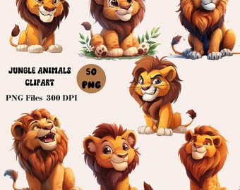 May include: A set of six cartoon lion illustrations. The lions are all in different poses, some are sitting, some are standing, and some are looking up. The lions are all brown and orange with black manes. The illustrations are perfect for use in a variety of projects, such as children's books, websites, and social media.