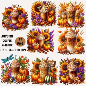22 Autumn Coffee Clipart, Hello Fall Ice Coffee PNG, Fall Coffee PNG Bundle, Autumn Drinks Clipart