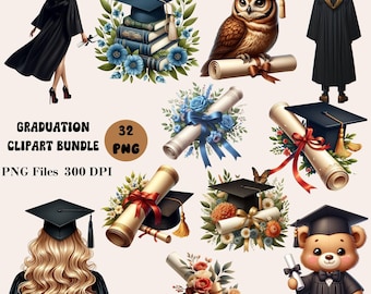 32 Graduation Clipart Bundle, Graduation Girl Clipart, Graduation Hat PNG, Graduation Party Clipart, Graduation Sublimation
