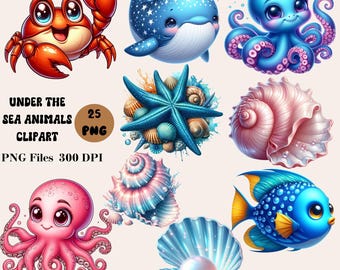 25 Clipart med havsdjur under vattnet, söta havsdjur Clipart, havsdjur PNG-paket, havsdjur Clipart