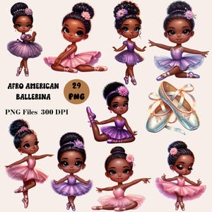 May include: A set of 29 digital illustrations of African American ballerinas in various poses. The ballerinas are wearing pink and purple tutus and have brown skin, black hair, and brown eyes. The illustrations are in PNG format and are 300 DPI.