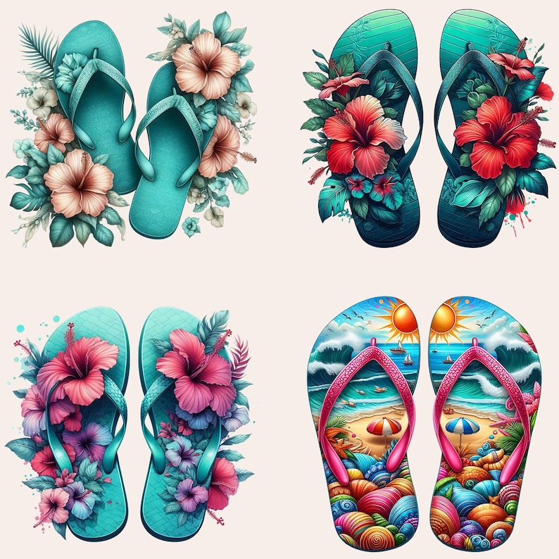 May include: Four pairs of colorful flip-flops with floral and beach-themed designs. The flip-flops are all different colors and have various patterns.