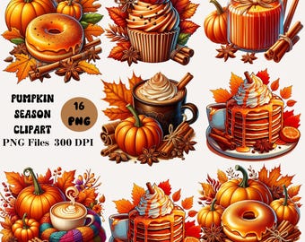 16 Pumpkin Season Clipart, Pumpkin Spice Latte Clipart, Autumn Sweets PNG, Fall Dessert Clipart, Autumn Graphics