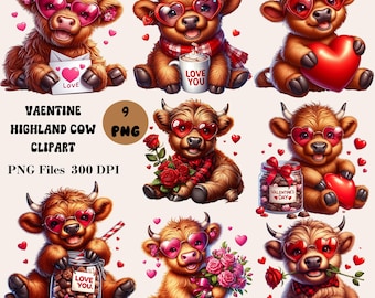9 Valentines Highland Cow Clipart, Cute Highland Cow Clipart, Valentine's Day Clipart, Cute Valentine Cow PNG