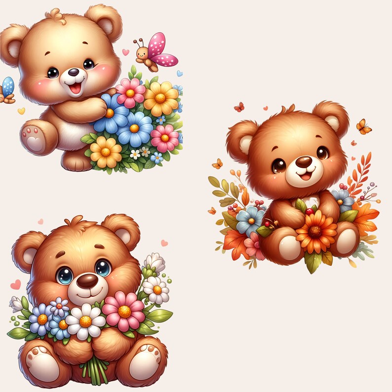 Teddy Bear Clipart Bundle, Teddy Bear with Flowers PNG, Floral Teddy Bear Clipart, Teddy Bear Baby Shower Clipart