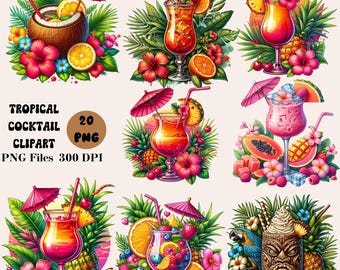 Op de afbeelding: Een set van 20 digitale clipart-afbeeldingen met tropische cocktails met verschillende vruchten, bloemen en parasols. De cocktails zijn in verschillende glazen en hebben verschillende kleuren en smaken. De afbeeldingen zijn perfect voor het maken van uitnodigingen, kaarten en andere digitale projecten.