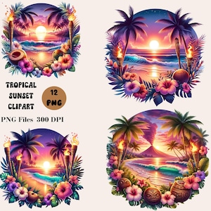 Könnte beinhalten: Ein Set mit 12 digitalen Clipart-Bildern, die tropische Sonnenuntergänge zeigen. Jedes Bild zeigt einen Strand mit Palmen, einen Sonnenuntergang und einen Vulkan im Hintergrund. Die Bilder sind von tropischen Blumen und Blättern umgeben. Der Text "TROPICAL SUNSET CLIPART" und "PNG Files 300 DPI" ist im Bild enthalten.