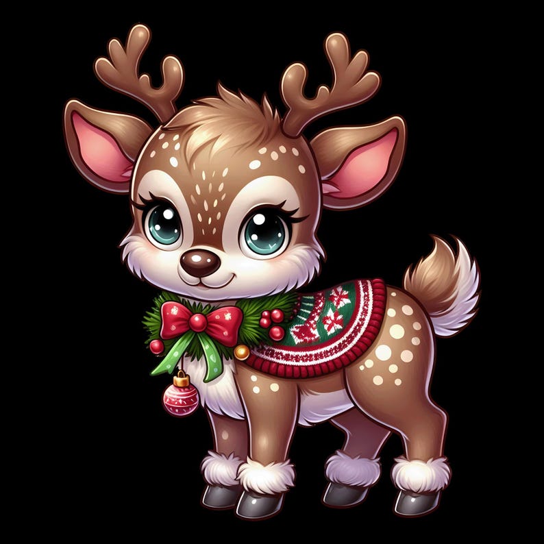 Christmas Reindeer Clipart, Cute Christmas Deer PNG, Reindeer Christmas Illustration, Adorable Christmas Deer