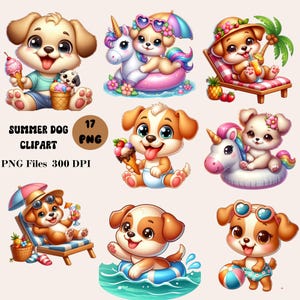 20 Summer Dogs Clipart, Beach Baby Dog Clipart, Cute Puppy Clipart, Ocean Animals Clipart Bundle