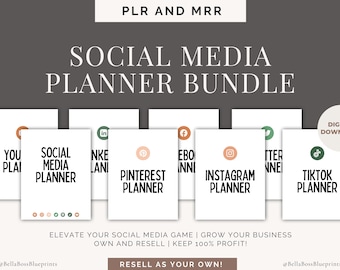 May include: A digital download bundle of social media planner templates for various platforms, including YouTube, Instagram, Pinterest, TikTok, LinkedIn, Facebook, and Twitter. The text "PLR and MRR" and "Social Media Planner Bundle" is displayed at the top of the image. The text "Digital Download" is displayed in a circle at the top right of the image.