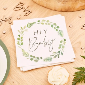16 Hey Baby Shower Napkins, Botanical Baby Shower Decorations, Gender Reveal Napkins, Neutral Baby Shower Party Supplies, Hey Baby Napkins