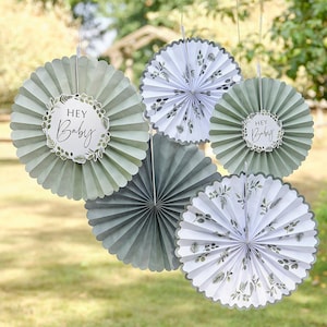 5 Sage Green Baby Shower Paper Fan Decorations, Neutral Baby Shower Hanging Decorations, Baby Shower Party Supplies, Gender Reveal Backdrop
