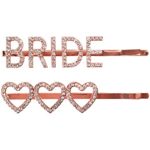 Bride and Hearts Diamante Hair Pins, Bride Hair Accessories, Rose Gold Hen Party Hair Clips, Bride to be Hair Slide, Rhinestone Hair Clip