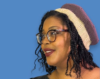 Purple and Cream Hand Knit Beret - Cozy Accessory with Free Shipping