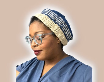Blue and Cream Hand Knit Beret | Sailor Style Beanie | Chunky Knit Hat | Free Shipping