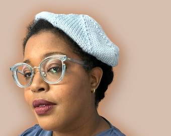 Hand Knit Beret | Sparkly Beret | Light Blue Knitted Beret | Handmade | Free Shipping