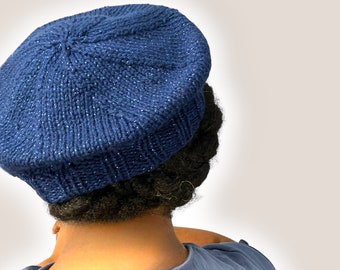 Hand Knit Beret | Sparkly Blue Beret | Blue Knitted Beret | Handmade | Free Shipping