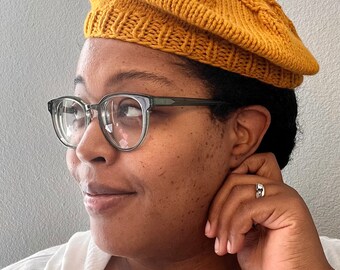 Hand Knit Beret / Mustard Yellow / knitted beret / handmade / Free Shipping