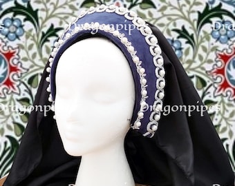 Blue and Silver, Renaissance French Hood, Renaissance Headpiece, Anne Boleyn, Headdress, Medieval Headpiece, Tudor French Hood, Hat