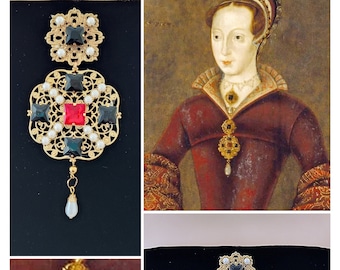 Lady Jane Grey Brooch, Tudor Renaissance Bodice Jewelry, Gold Brass Crystals Pearls