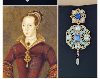 Lady Jane Grey Brooch, Blue Tudor Renaissance Jewelry, Gold Brass Filigree Pearl
